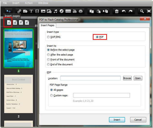 easily insert PDF or pages of PDF to digital product catalog by catalog software of PDF to Flash Catalog Professional