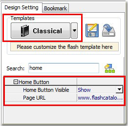 input home page URL to home button of flash catalog